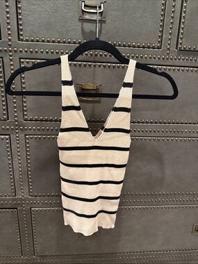 Primark Cream and Black Striped V-Neck Ribbed Tank